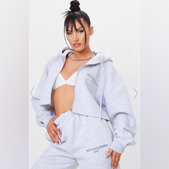 PrettyLittleThing | Tops | Prettylittlething Grey Marl Copyright Slogan Zip  Through Cropped Hoodie Small | Poshmark